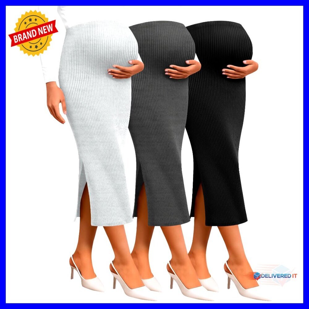 3 Pack Maternity Skirts Split Midi High Waist Ribbed Knit Stretchy Pencil Long